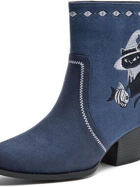 Women's Deep Blue Western Boots Cowgirl Low Chunky Heel Pointed Toe Mid